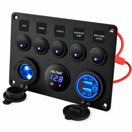 Black five-gang switch panel with blue LED switches, dual USB-A charger, digital voltmeter and capped accessory socket
