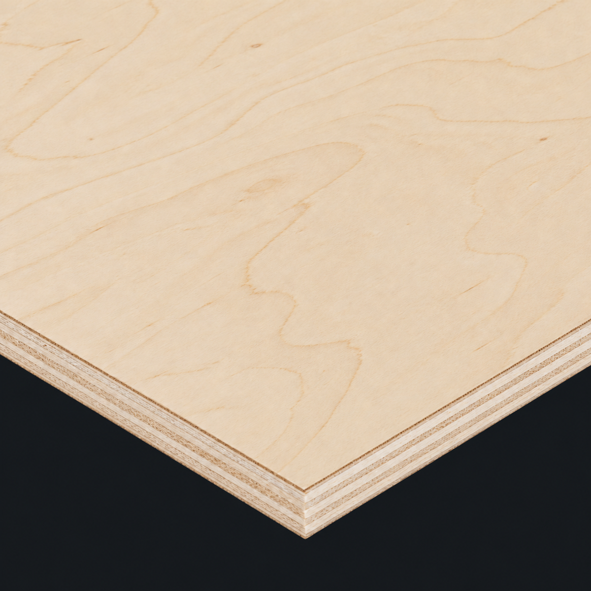 Natural birch plywood board with a pale wood-grain face and layered edges; 15mm, 8 x 4ft sheets. Black background.