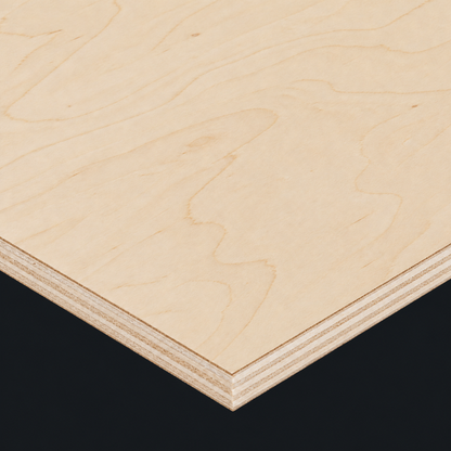 Natural birch plywood board with a pale wood-grain face and layered edges; 15mm, 8 x 4ft sheets. Black background.
