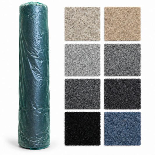Luxury 4-way stretch van lining carpet: upright green-wrapped roll with eight colour swatches