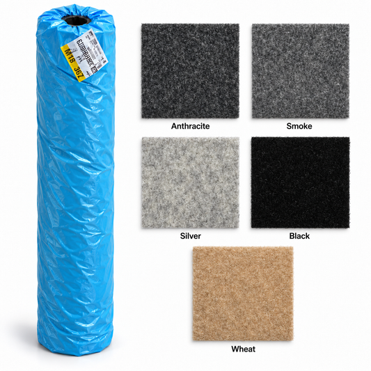 Premium 4-way stretch carpet: upright blue-wrapped roll with Anthracite, Smoke, Silver, Black and Wheat colour swatches