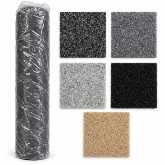 Standard 4-way stretch van lining carpet in clear wrapping with five colour swatches